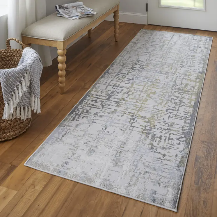8' Ivory and Gray Abstract Distressed Runner Rug