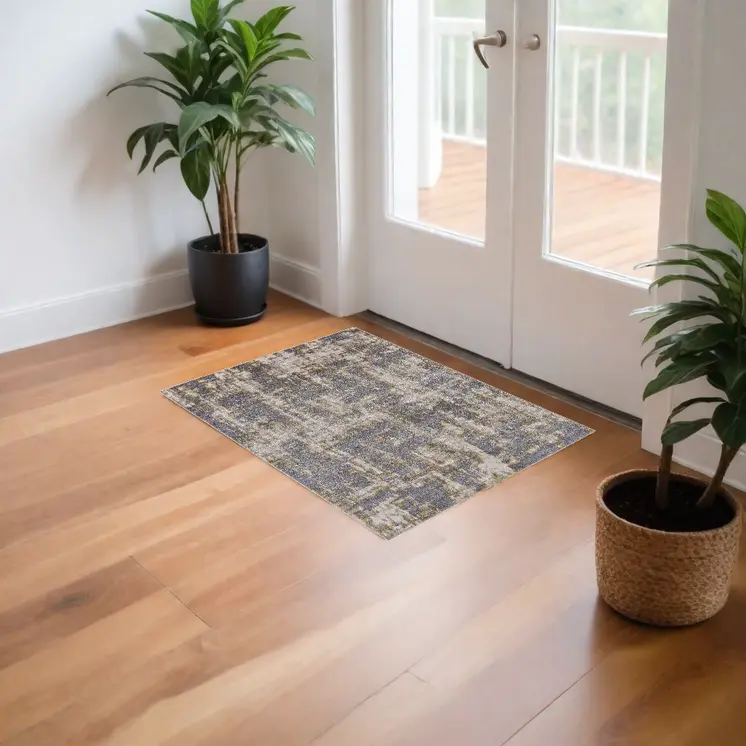 2' X 3' Gray And Gold Abstract Stain Resistant Area Rug