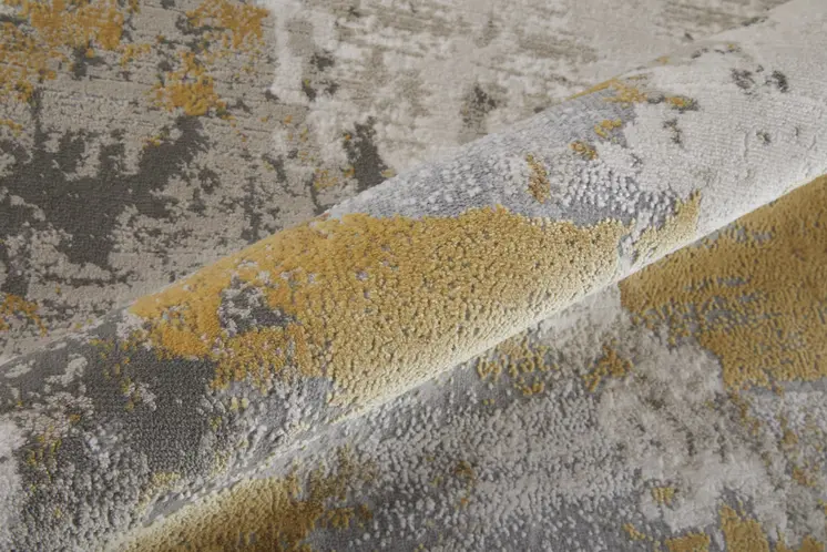 8' Ivory Gray and Gold Abstract Runner Rug
