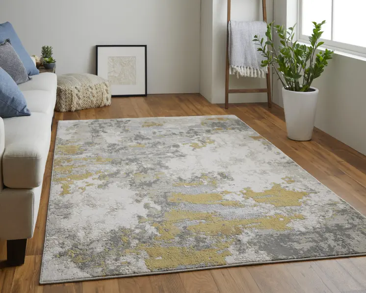 12' X 15' Ivory Gold And Gray Abstract Stain Resistant Area Rug