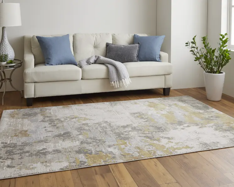 12' X 15' Ivory Gold And Gray Abstract Stain Resistant Area Rug