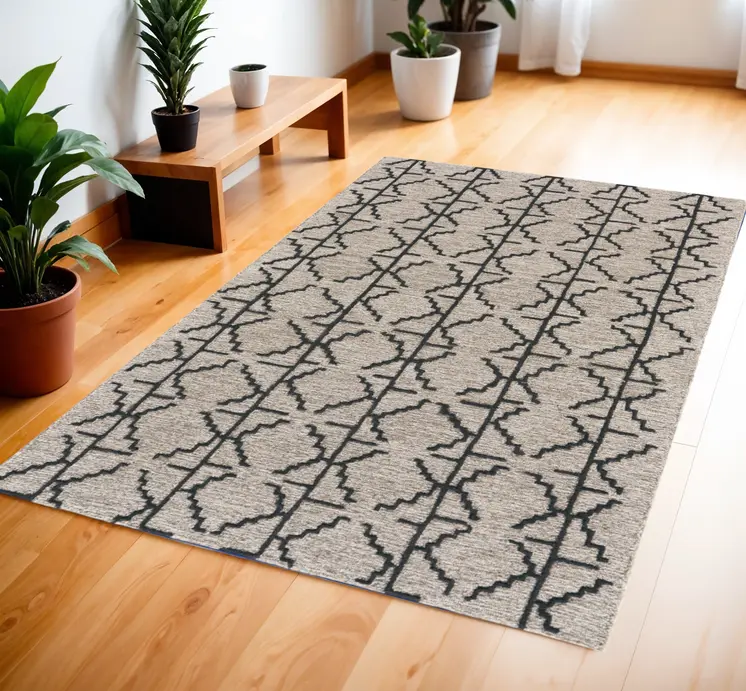 4' X 6' Black Taupe And Gray Wool Geometric Tufted Handmade Stain Resistant Area Rug