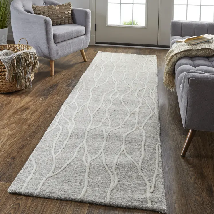 8' Taupe And Ivory Wool Abstract Tufted Handmade Stain Resistant Runner Rug