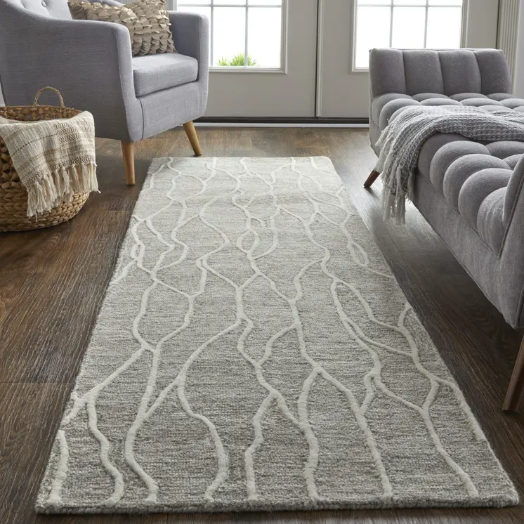 8' Taupe And Ivory Wool Abstract Tufted Handmade Stain Resistant Runner Rug