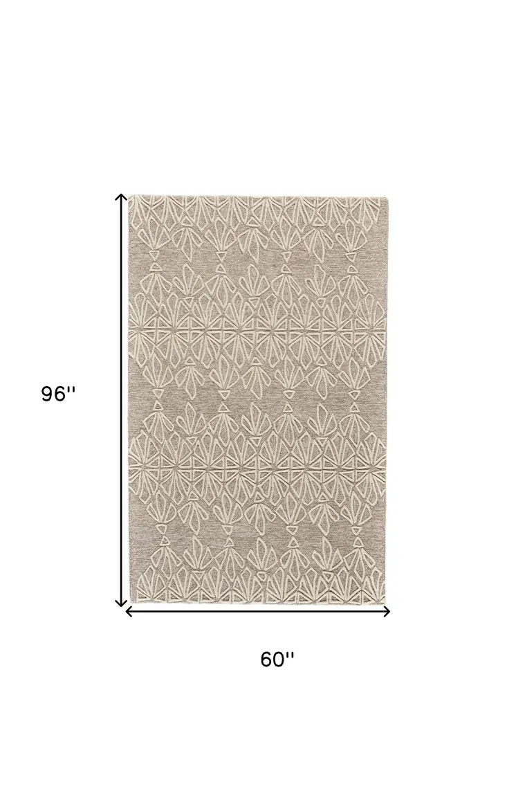 5' X 8' Tan And Ivory Wool Geometric Tufted Handmade Stain Resistant Area Rug