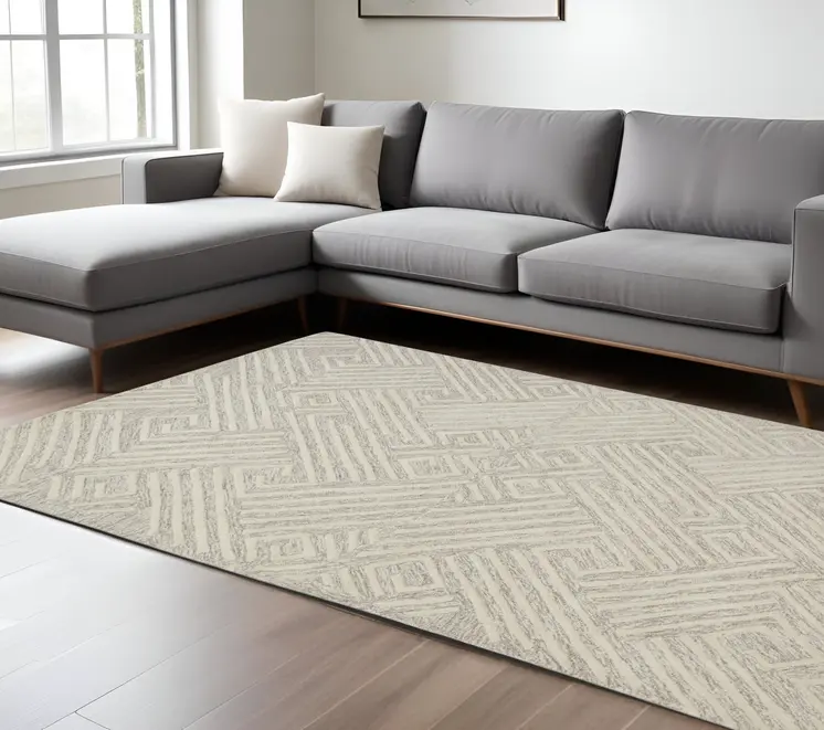 8' X 11' Tan And Ivory Wool Geometric Tufted Handmade Stain Resistant Area Rug