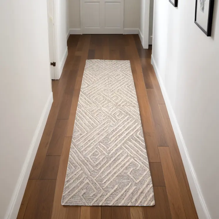8' Ivory and Tan Geometric Hand Tufted Runner Rug