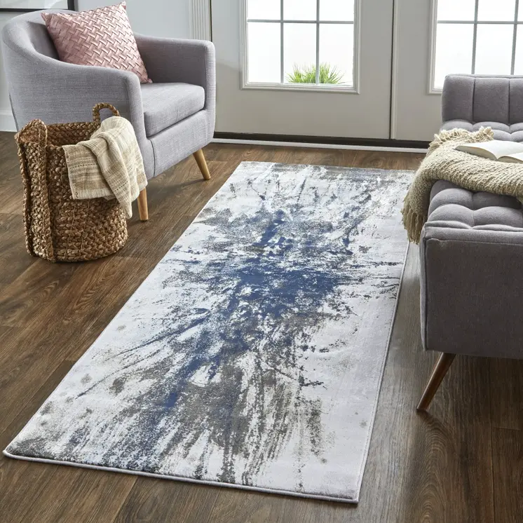 8' Blue Gray And White Abstract Stain Resistant Runner Rug