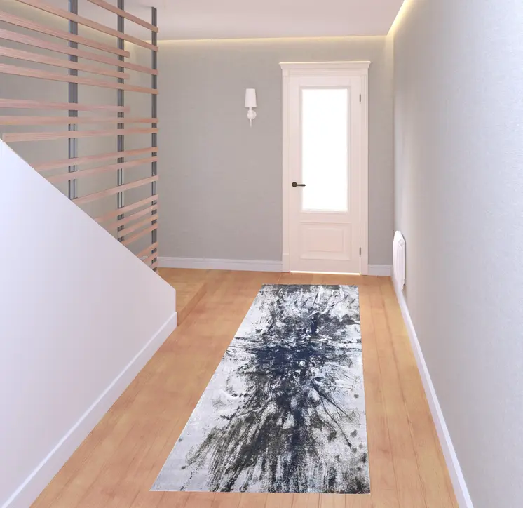 8' Blue Gray And White Abstract Stain Resistant Runner Rug