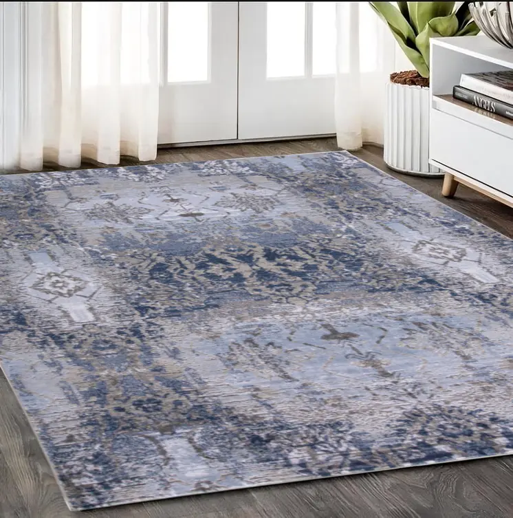 5' X 7' Blue Gray And Taupe Abstract Stain Resistant Area Rug