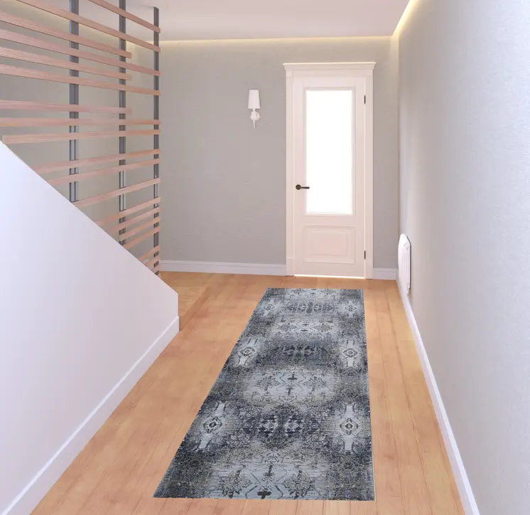 8' Blue Gray And Taupe Abstract Stain Resistant Runner Rug