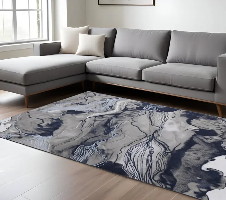 7' X 10' Blue Gray and Ivory Abstract Power Loom Non Skid Area Rug