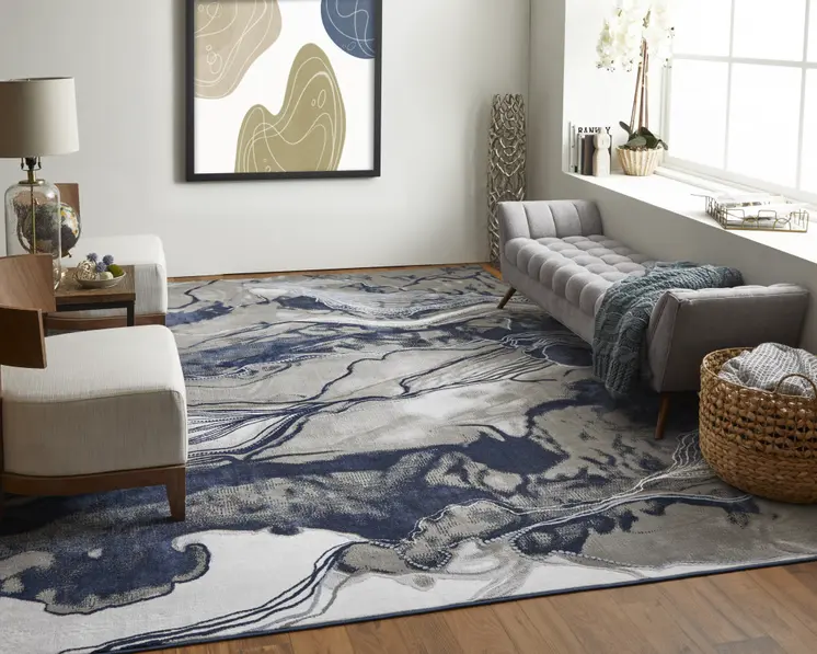 8' X 11' Blue Gray and Ivory Abstract Power Loom Non Skid Area Rug