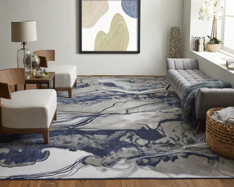 8' X 11' Blue Gray and Ivory Abstract Power Loom Non Skid Area Rug