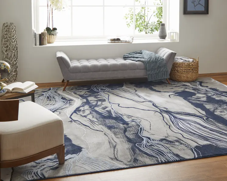 8' X 11' Blue Gray and Ivory Abstract Power Loom Non Skid Area Rug
