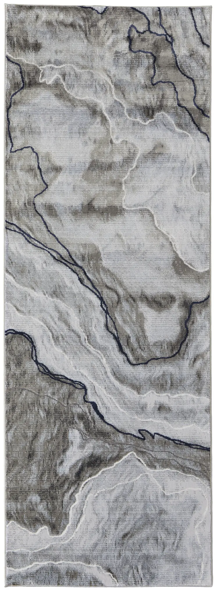 8' Taupe Gray And Blue Abstract Power Loom Stain Resistant Runner Rug