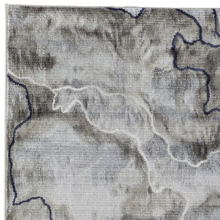 8' Taupe Gray And Blue Abstract Power Loom Stain Resistant Runner Rug