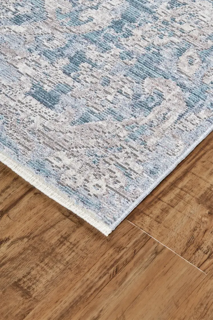 2' X 3' Blue Gray And Silver Abstract Distressed Area Rug With Fringe