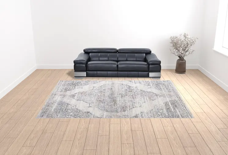 10' X 14' Ivory Gray And Pink Abstract Distressed Area Rug With Fringe