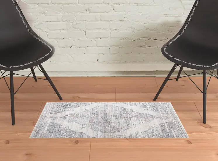 2' X 3' Ivory Gray And Pink Abstract Distressed Area Rug With Fringe