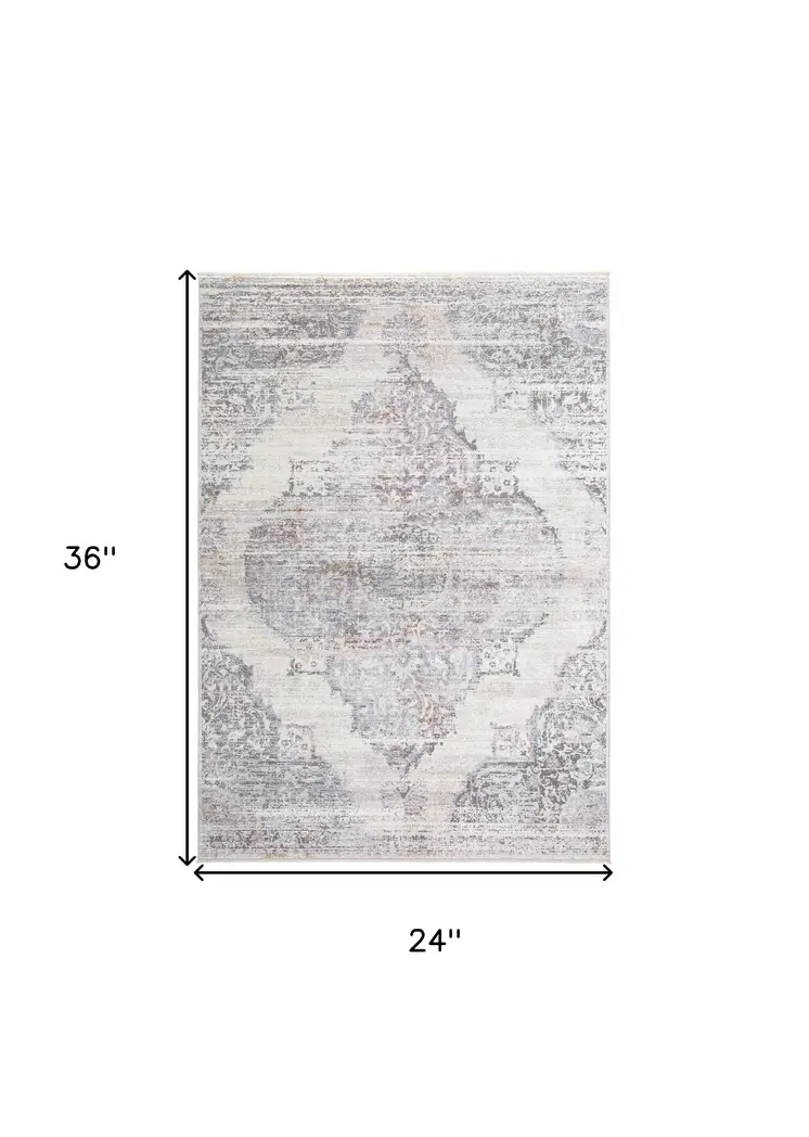 2' X 3' Ivory Gray And Pink Abstract Distressed Area Rug With Fringe