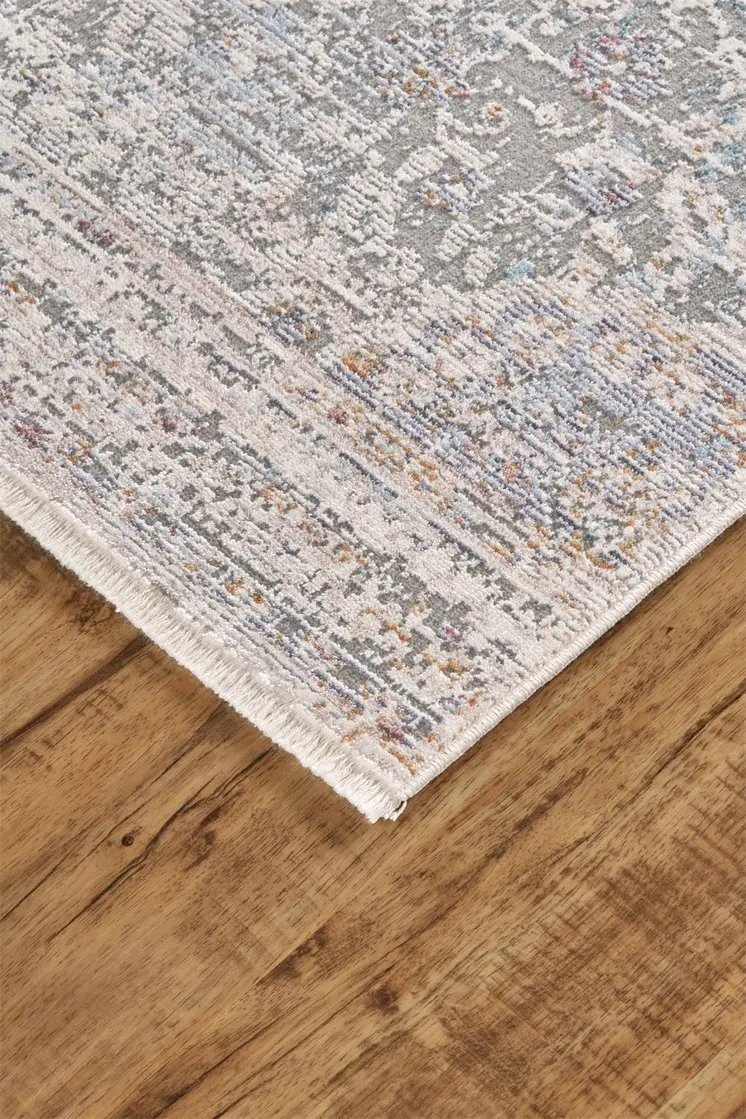 2' X 3' Ivory Gray And Pink Abstract Distressed Area Rug With Fringe