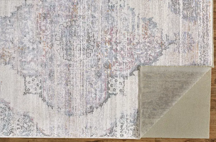 2' X 3' Ivory Gray And Pink Abstract Distressed Area Rug With Fringe
