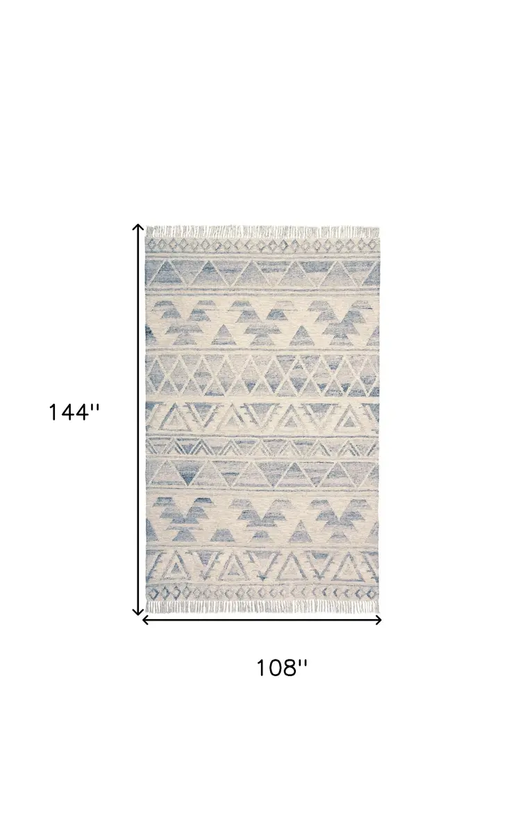 9' X 12' Blue and Ivory Wool Geometric Flatweave Handmade Area Rug With Fringe