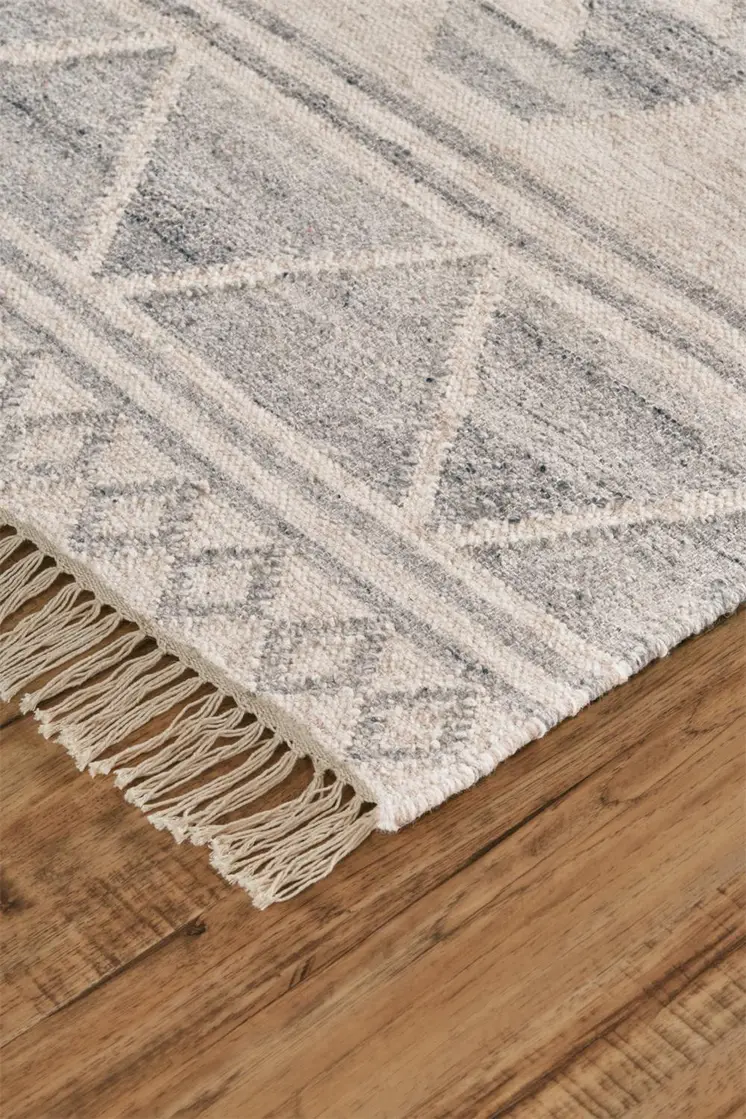 9' X 12' Blue and Ivory Wool Geometric Flatweave Handmade Area Rug With Fringe