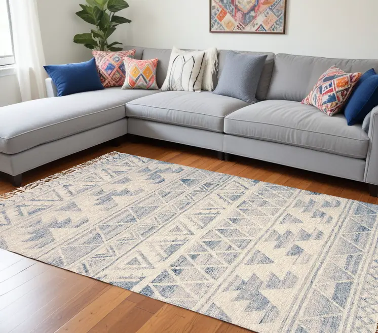 9' X 12' Blue and Ivory Wool Geometric Flatweave Handmade Area Rug With Fringe