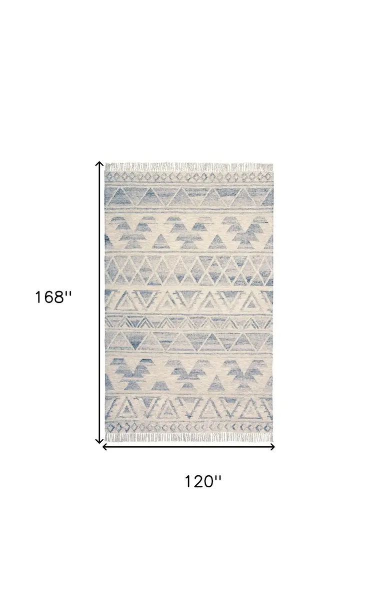 10' X 14' Blue and Ivory Wool Geometric Flatweave Handmade Area Rug With Fringe