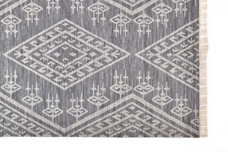 9' X 12' Gray Ivory And Blue Wool Geometric Dhurrie Flatweave Handmade Area Rug With Fringe