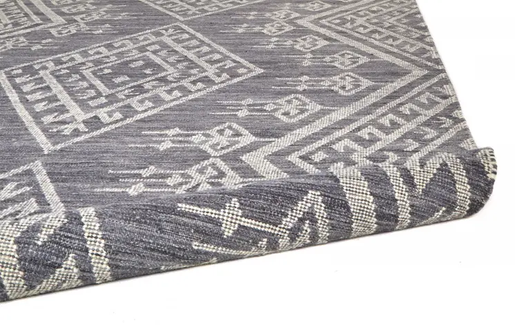 10' X 14' Gray Ivory And Blue Wool Geometric Dhurrie Flatweave Handmade Area Rug With Fringe