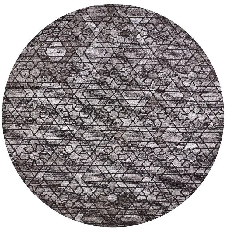 8' Black and Taupe Round Wool Paisley Hand Tufted Area Rug