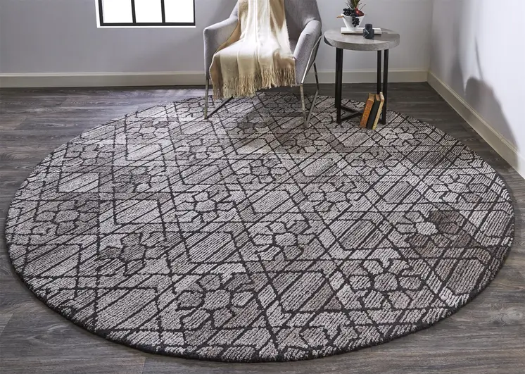 8' Black and Taupe Round Wool Paisley Hand Tufted Area Rug