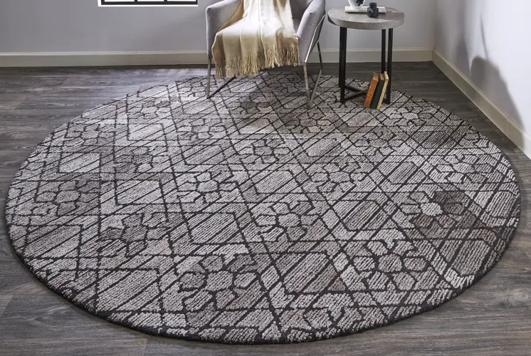 8' Black and Taupe Round Wool Paisley Hand Tufted Area Rug
