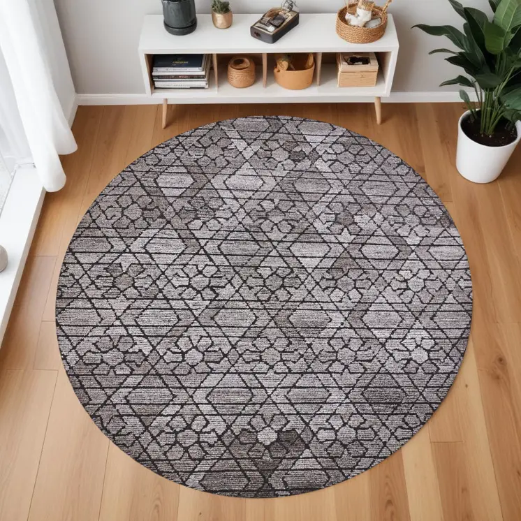 10' Black and Taupe Round Wool Paisley Hand Tufted Area Rug