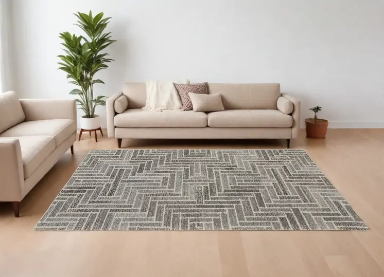9' X 12' Tan and Gray Wool Geometric Hand Tufted Area Rug