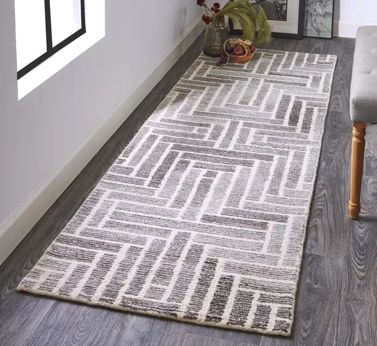 8' Tan And Gray Wool Geometric Hand Tufted Runner Rug