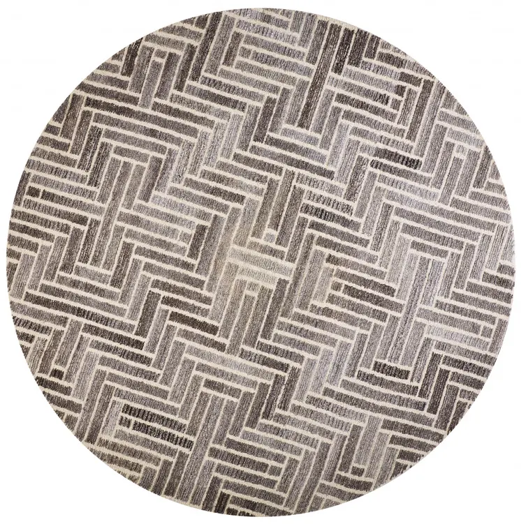 8' Tan and Gray Round Wool Geometric Hand Tufted Area Rug