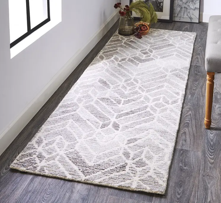 8' Gray And Ivory Wool Geometric Hand Tufted Runner Rug