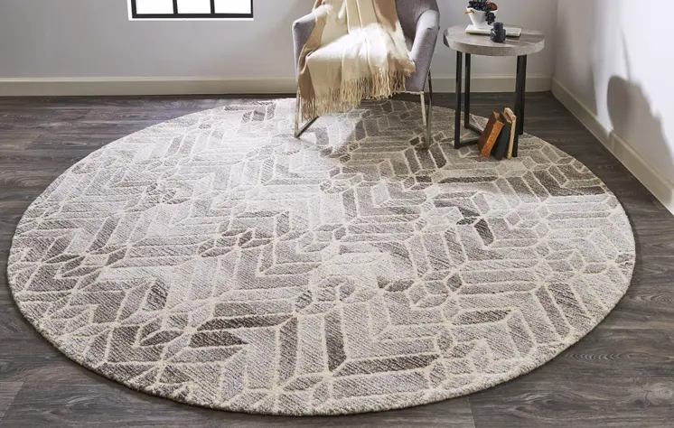 10' Gray and Ivory Round Wool Geometric Hand Tufted Area Rug