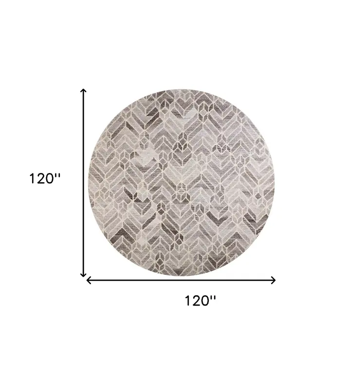 10' Gray and Ivory Round Wool Geometric Hand Tufted Area Rug
