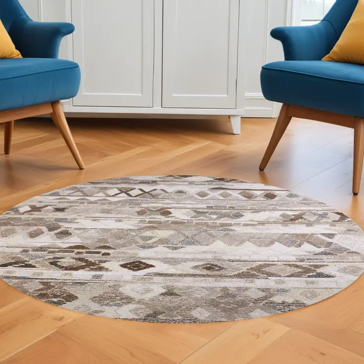 8' Gray and Ivory Round Wool Abstract Hand Tufted Area Rug