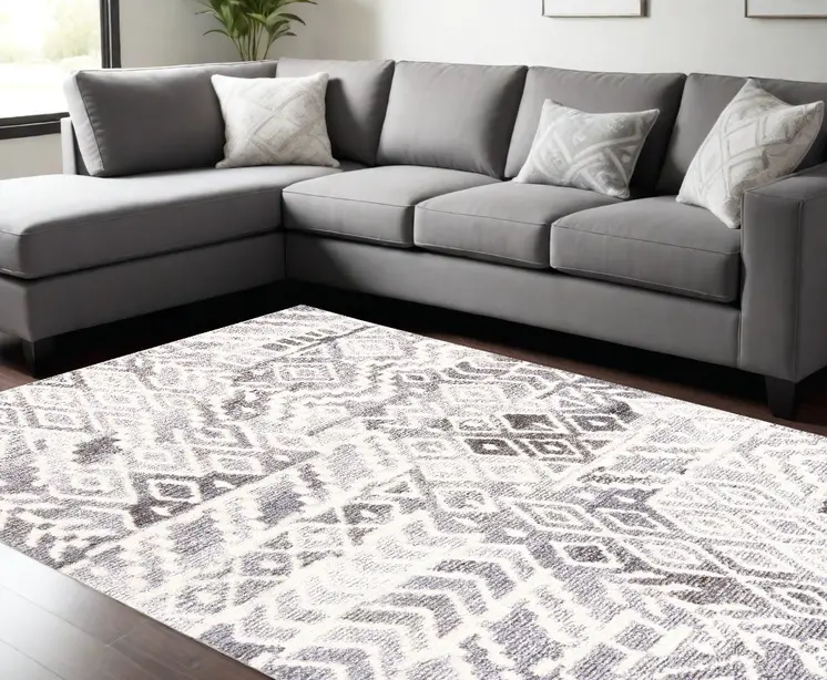 8' X 10' Gray and White Wool Abstract Geometric Hand Tufted Area Rug