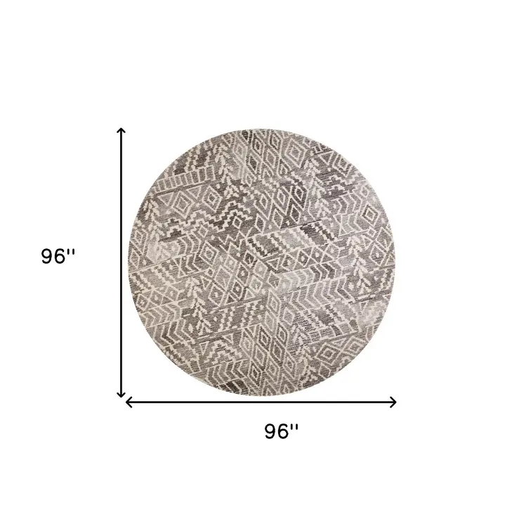 8' Gray and White Round Wool Abstract Hand Tufted Area Rug