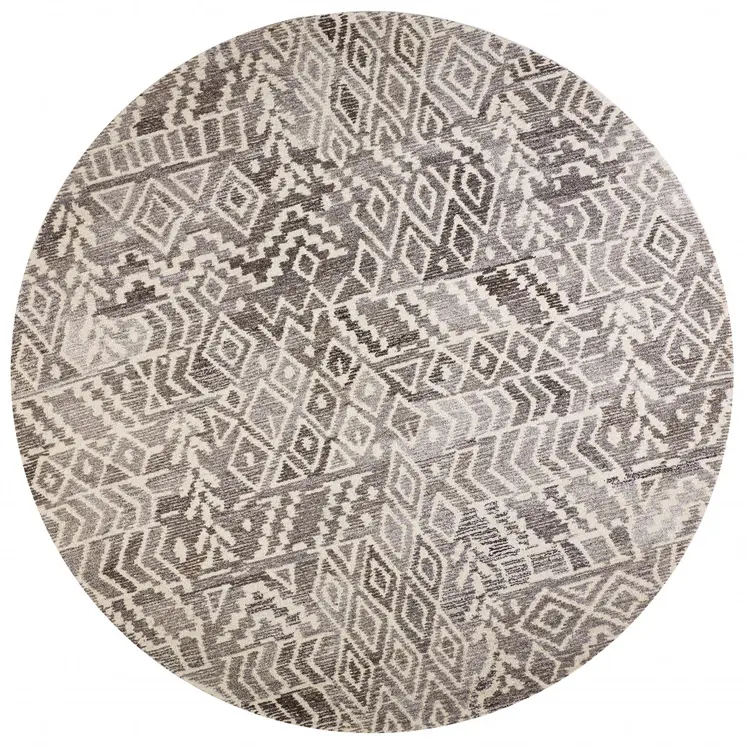 10' Gray and White Round Wool Abstract Hand Tufted Area Rug
