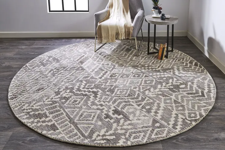 10' Gray and White Round Wool Abstract Hand Tufted Area Rug