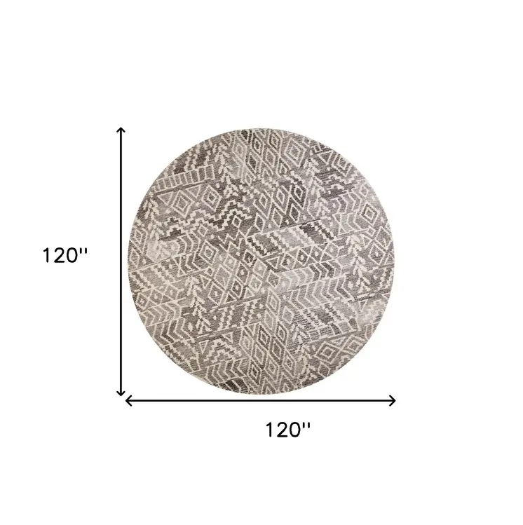 10' Gray and White Round Wool Abstract Hand Tufted Area Rug