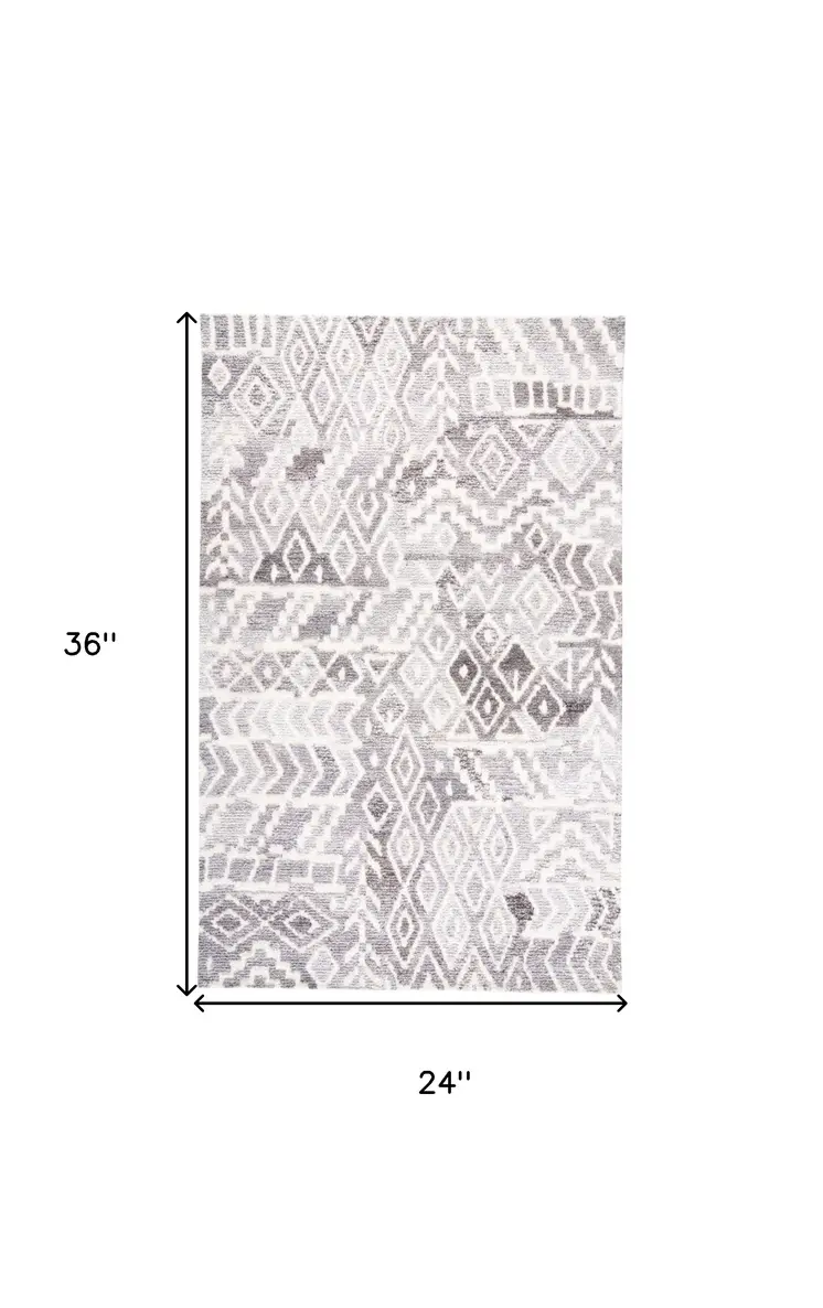 2' X 3' Gray and White Abstract Geometric Hand Tufted Distressed Area Rug